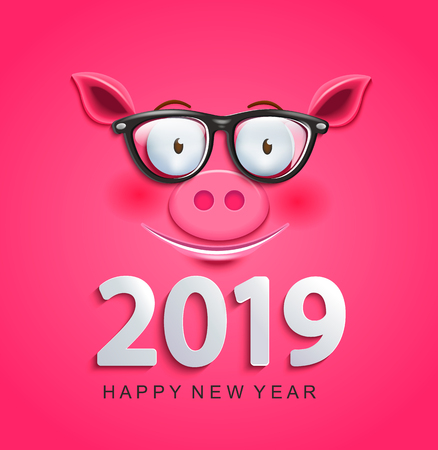 Cute greeting card for 2019 new year with smiling clever pig's face in glasses on pink background.Chinese symbol of the 2019 year. Zodiac, lunar sign of goroscope.Year of the pig. Vector illustration.のイラスト素材