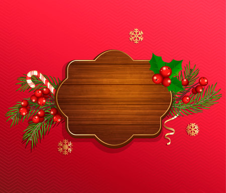 Merry Christmas and New Year wishing template in wooden frame on red background with traditional christmas decorations-candy cane, christmas tree branch,snowflakes.Vector illustrationのイラスト素材