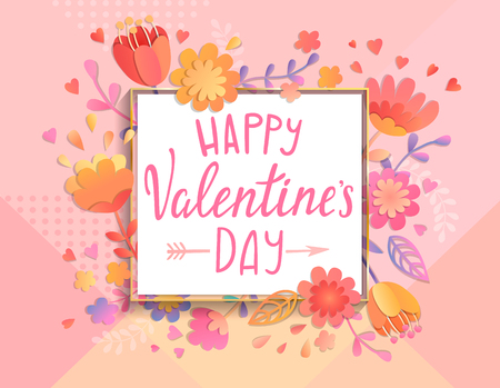 Happy Valentines day card template with square frame on geometric background with floral ornament. Greeting posters, brochure, banners, invitation. Vector illustration.のイラスト素材
