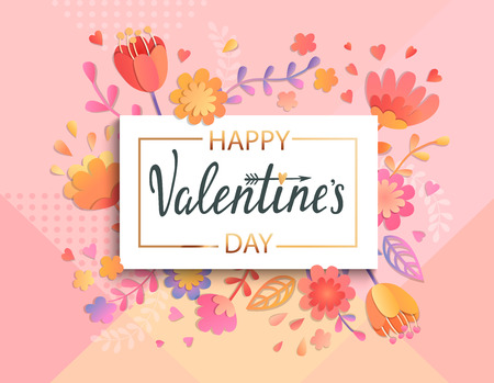 Happy Valentines day banner template with gold square frame on geometric background with floral ornament. Greeting posters, brochure,cards, invitation. Vector illustration.のイラスト素材