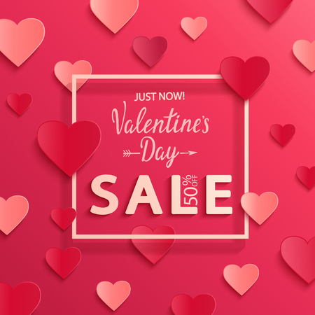 Valentines day sale background, poster template with square frame. Pink abstract background with hearts ornaments from paper, origami style. Discount flyer, card for february 14.Vector illustration.の写真素材