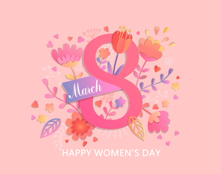 International Women's Day. Banner, flyer for March 8 decorating by paper flowers and ribbon. Congratulating and wishing happy holiday card for newsletter, brochures, postcards. Vector illustration.のイラスト素材
