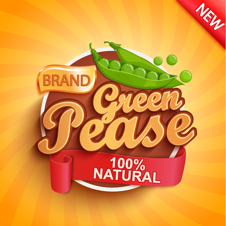 Fresh green pease logo, label or sticker on sunburst background. Natural, organic food.Tasty vegetables,Concept for farmers market, shops, packing and packages, advertising design.Vector illustration.のイラスト素材