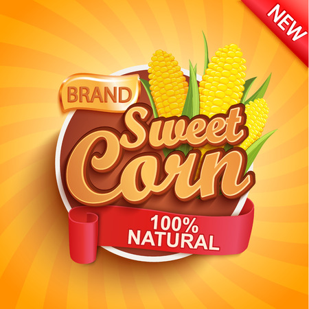 Fresh and sweet corn logo, label or sticker on sunburst background. Natural, organic food.Tasty vegetable,Concept for farmers market, shops,packing and packages,advertising design.Vector illustration.のイラスト素材