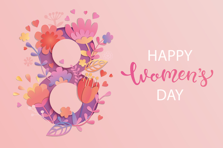 International Women's Day. Banner, flyer for March 8 decorating by paper flowers and hand drawn lettering. Congratulating and wishing happy holiday card for newsletter, brochures, postcards. Vector.のイラスト素材