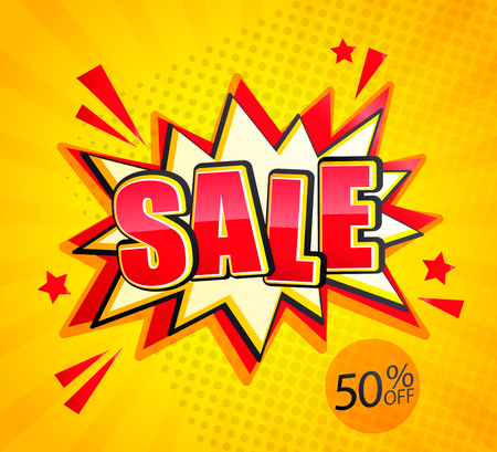 Comic Sale Boom banner in retro pop art style on sunburst background with dots,50 percent off.Special offer card, discount template, sticker tag, label, advertising badge, banner. Vector illustration.のイラスト素材