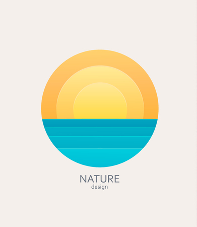 Nature logo, emblem or sticker. Simple landscape with sun and sea.Concept for summer, holidays, travelling.Template label for tour agencies advertise. Vector illustration of sunset or sunrise.のイラスト素材