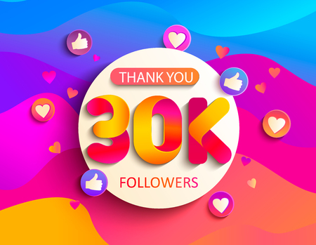 Thanks for the 30000 followers. Thank you 30K follower congratulation card on wavy background. Vector illustration for Social Networks. Web user or blogger celebrates a large number of subscribers.のイラスト素材