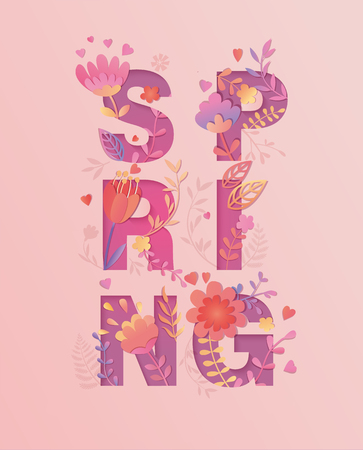 Spring card, papercut style. Beautiful flowers and leaves grow up in the word on pink background.Vertical Vector illustration for new season. For design, banner, template, t-shirt, fashion, prints.のイラスト素材