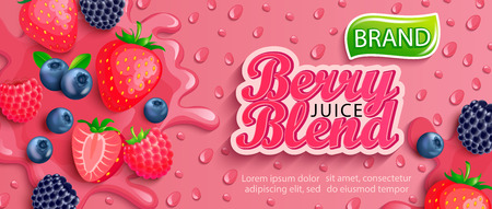 Fresh berry blend juice splash banner with apteitic drops from condensation.Strawberries,blueberries,raspberries and blackberries background for brand,logo,template,label,emblem,packaging,advertising.のイラスト素材