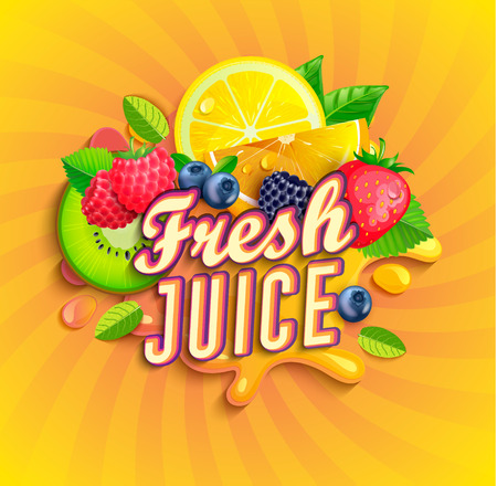 Fresh juice logo with splash, fruits and berries on sunburst background.Orange,lemon, strawberries,blueberries,raspberries and blackberries for banner,poster,brand,template and label,packaging,packingのイラスト素材