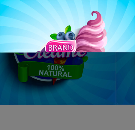 Blueberry Ice cream logo on sunburst background with berries and sundae in cone in cartoon style for your design.Gelato for banner,poster,brand,template and label,packaging,packing, emblem. Vectorのイラスト素材