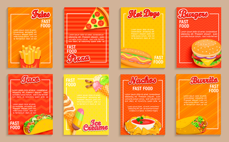 Big set of fast food shop flyers,banners.Collection of fries, pizza, hot dog,burger and nachos,burrito taco and ice cream menu pages for cafeteris,resaurant.Posters for truck advertise.Design templateのイラスト素材