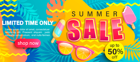 Summer Sale bright poster, hot season discount banner with tropical leaves,ice cream, sunglasses.Invitation for online shopping with 50 percent price off, special offer card,template for design.Vectorのイラスト素材