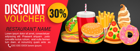 Discount gift voucher with 30 percent price off for restaurans. Fast food coupon or certificate with pizza, hot dog, fries, coffee, burger, donut and ice cream and space for text.Flyer template.Vectorのイラスト素材