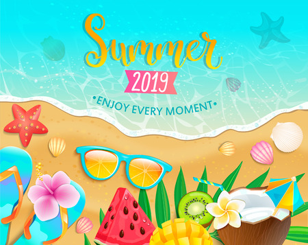 Summer 2019 top view banner. Hot sand and sea, cocktail, watermelon, mango and kiwi, tropical fruits on beach. Bright promo template for your design, web, sale.Vacation in tropical country.Vectorのイラスト素材
