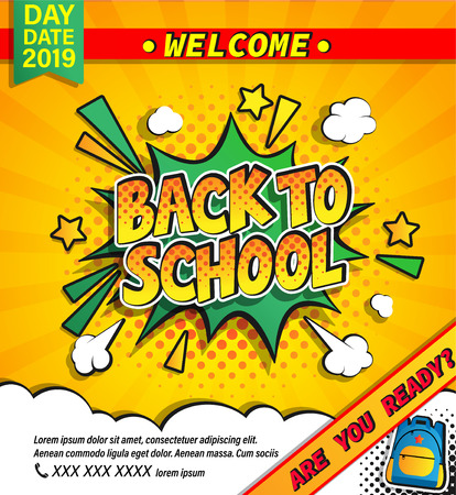 Back to school invitation banner with handdrawn lettering in comic boom explosion bubble on halftone background. Welcome poster for rducation design. Template for flyers, cards. Vector illustration.のイラスト素材