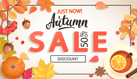 Autumn sale promo just now banner with discount surrounded by colorful autumn leaves,rowan berries,acorns,pumpkin,tea for fall season shopping promotion,web.Template for advertise.Vector illustration.のイラスト素材