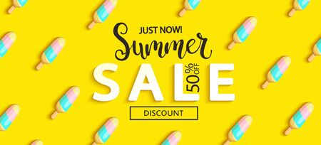 Summer Sale ice cream banner on yellow background, hot end or mid season 50 percent discount poster.Invitation for shopping, special offer card, template design for promotions. Vector illustration.のイラスト素材