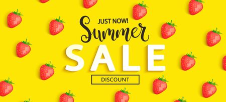 Summer Sale strawberry banner on yellow background, hot end or mid season 50 percent discount poster.Invitation for shopping, special offer card, template design for promotions. Vector illustration.のイラスト素材