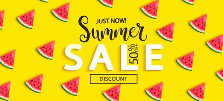 Summer Sale watermelon banner on yellow background, hot end or mid season 50 percent discount poster.Invitation for shopping, special offer card, template design for promotions. Vector illustration.のイラスト素材
