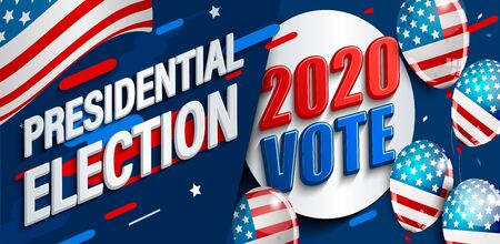 2020 USA presidential election banner. Poster for American vote. Template for politic design. Great for flyers, cards, plackards. Dynamic backgrounds with flag and ballons.Vector illustration.