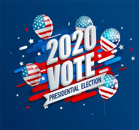 2020 USA presidential election dynamic banner. Poster for American vote. Template for politic design. Great for flyers, cards, plackards. Backgrounds with ballons with stars and stripes.Vector.のイラスト素材