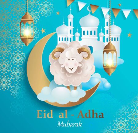 Eid al-Adha Banner.Poster for traditional muslim holiday with sheep, golden ornament,lamp and mosque for happy sacrifice celebration. Islamic greeting card,eid- flyer, poster for social media.のイラスト素材