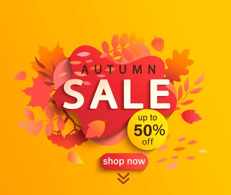 Autumn sale banner, fall season discount poster with falling leaves and shadow of rowan and acorn, 50 percent price off for shopping promotions,prints,flyers,invitations, special offer card. Vector.のイラスト素材