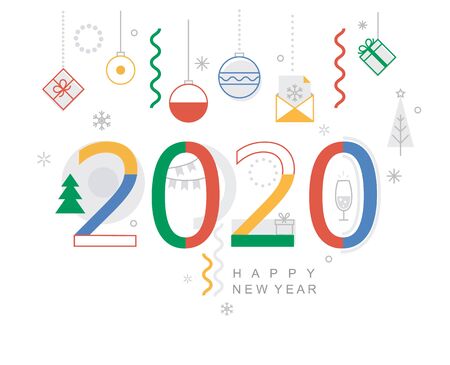 2020 new year minimal banner. Modern design card, poster with geometric shapes, christmas balls and gifts, wishing happy holiday.Great for web, party invitations, flyers, greetings, congratulations.