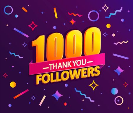 Thank you 1000 followers,thanks banner.First 1K follower congratulation card with geometric figures,lines,squares,circles for Social Networks.Web blogger celebrate a large number of subscribers.Vectorのイラスト素材