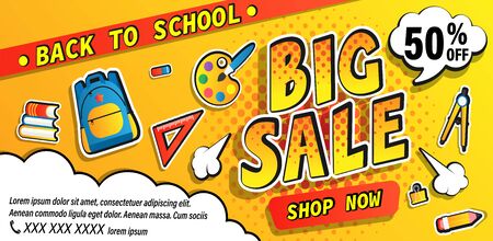 Back to school big sale promotion banner, shop now offer with halftone. Half price discount card with school equipment, backpack, books. Template for promo, flyers, posters. Vector illustration.のイラスト素材