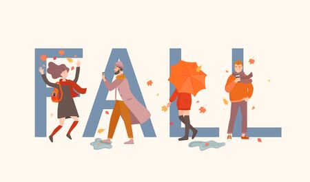 Fall word with people in front of it. Different characters in autumn season. Jumping girl, walking man with phone, hipster with coffee and woman with umbrella. Vector illustration.のイラスト素材