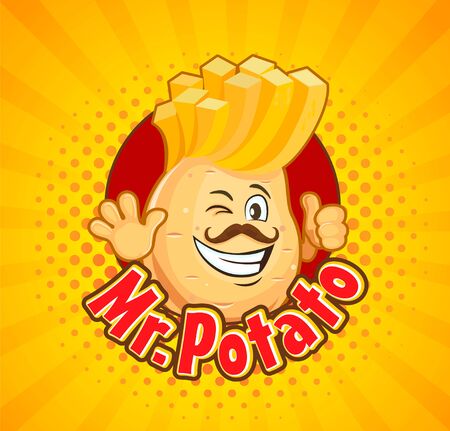 Mr. potato inviting to delicious french fries. Smiled character with hipster hairstyle and thumb up on sunburst halftone background. Vector illustration.のイラスト素材