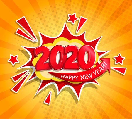 2020 New Year Comic Boom card in retro pop art style on sunburst background.Christmas comic text speech bubble.Halftone vector banner, greetings card, flyers, invitation, posters, brochure, calendars.のイラスト素材