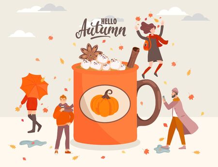 People near the big coffee mug with marshmallow and cinnamon.Girl with umbrella,woman jumping with fall leaves, man with phone and hipster with coffee.Men and women in fall season.Vector illustration.のイラスト素材