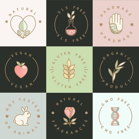 Set of eco,healthy,natural emblems for product packaging,natural organic food and drink icons,labels for restaurant menu,packing .のイラスト素材