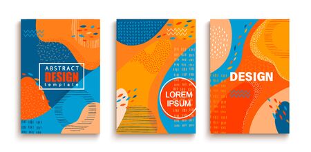 Abstract set of fun doodle geometric backgrounds.Color splashes,lines and dots in trendy Memphis animation style.Creative fluid style poster collection for party, banner, cover, print, ad, web,header.のイラスト素材