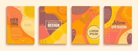 Abstract set of autumn doodle geometric banners.Color splashes,lines and dots in trendy Memphis animation style.Creative fluid style poster collection for party, banner, cover, print, ad, web. Vector.のイラスト素材