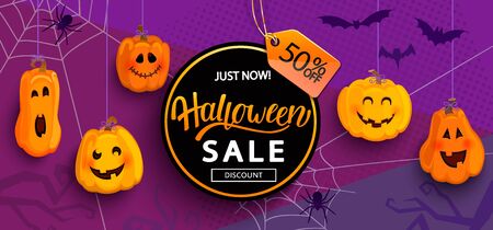 Halloween Banner for Sale with 50 percent discount for Happy holiday with monster pumpkins,bat, spiders. Template for web,poster,flyers, ad,promotions,blogs,social media,marketing.Vector illustration.のイラスト素材