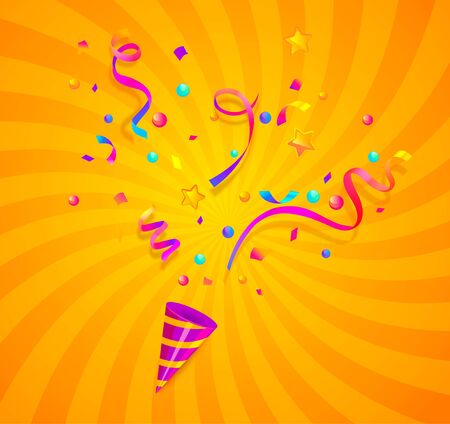 Party cracker with confetti,serpentine sparkles for festive congratulations,celebration new year,birthday,anniversary,greetings,evening parties.Fun exploding template isolated on sunburst background.のイラスト素材