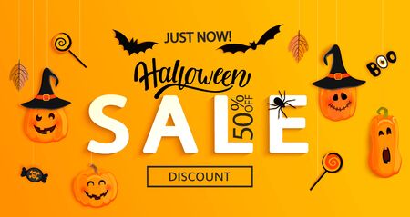 Halloween Sale banner. Just now Discount poster with holiday symbols pumpkins characters, bat and candy. Invitations for big shopping.Template for web, print,offers, promotions.Vector illustration.のイラスト素材