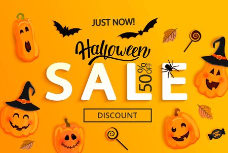 Halloween Sale banner. Just now big Discounts, poster with holiday symbols pumpkins characters, bat, candy. Invitations for shopping with clearance.Template for web, print,offers, promotions.Vector.のイラスト素材