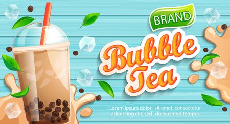 Bubble milk tea banner with delicious tapioca, splashing milk, mint leaves and ice cubes with place for text and brand on wooden background. Great for flyers, posters, cards. Vector illustration.