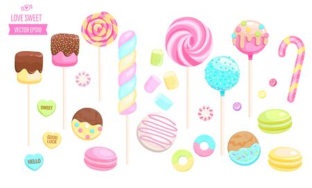 Set isolated sweets on white background-candy,macaroon,candy cane,lollipop,caramel,marmalade.Template for confectionery,sweet banner and poster,advertise for candyshop. Vector illustrationのイラスト素材