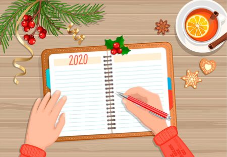 Planning 2020 year. Hands with pencil on planner, tea and christmas accessories on wooden background. Schedule and calendar concept. Starting New Year with changes. Vector illustration.のイラスト素材