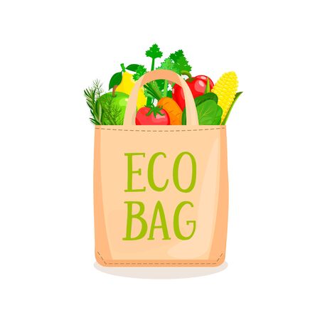 Eco Fabric Cloth Bag full of vegetables and fruits. The concept of caring for the environment and reuse things. Friendly nature non plastic bags. Vector illustration.のイラスト素材