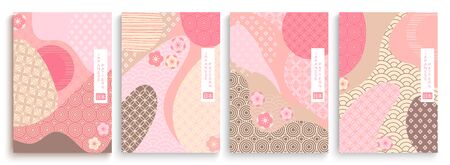 Geometric template in traditional Japan style, modern abstract covers set. Template for flyers, banners, brochures. Landscape background with Japanese pattern.Asian poster design. Vector illustration.のイラスト素材