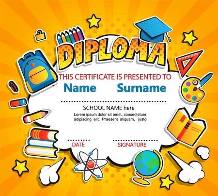 Kids Diploma certificate on retro vintage background. Template for Kindergarten, Preschool, Elementary school children certificates with school equipment for celebration finishing education. Vectorのイラスト素材