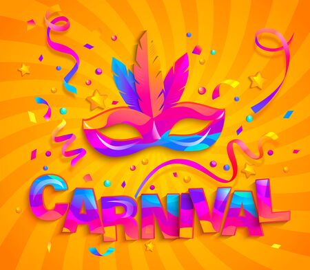 Mask with feathers and confetti for fun carnival party. Traditional masque for carnaval,mardi gras, fesival,masquerade,parade.Template for design invitation,flyer poster,banners. Vector illustration.のイラスト素材